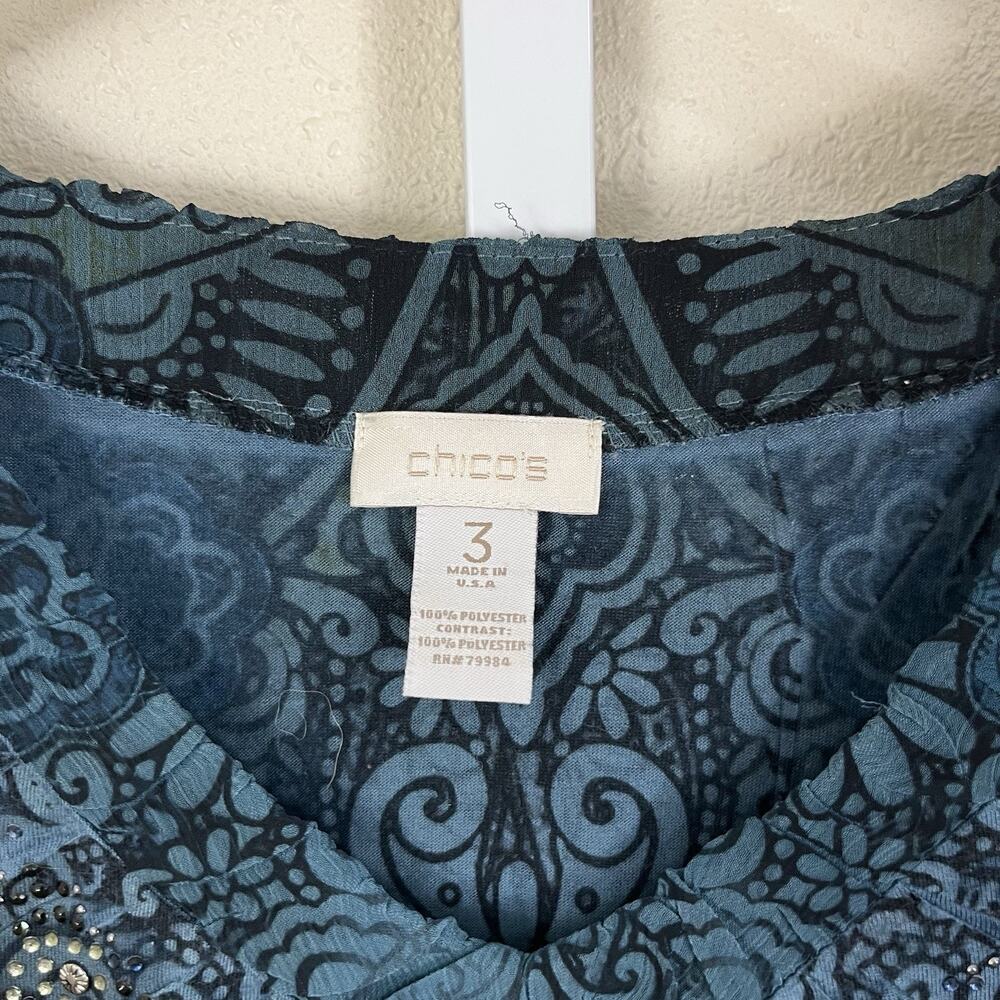 Vintage Y2K Chico’s XL Tunic Top Teal Paisley Rhinestone Embellished Blouse USA - Picture 4 of 5
